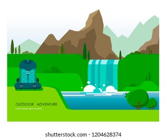 Illustration with a natural landscape of mountains, a river and a waterfall with vegetation and a hiking backpack in the foreground. The illustration is made in the style of flat