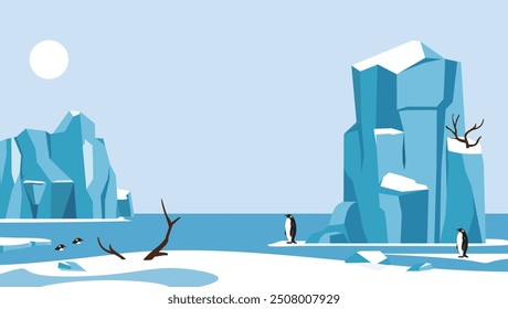 Illustration einer natürlichen Landschaft des Nordpols, einer wilden Gegend ​​ mit Pinguinen und Gletschern