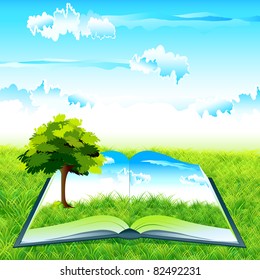illustration of natural landscape on open book