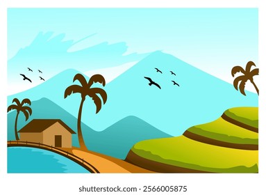 Illustration of a natural landscape of rice fields on hills and houses and ponds with a mountain background under a bright blue sky, complete with flying birds and coconut trees.