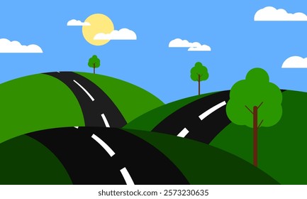 illustration of natural scenery of hills with asphalt roads and sunny weather