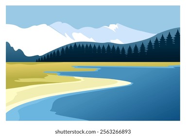 
illustration of natural scenery, lake, green land and snow mountains in the background. Suitable for backgrounds, wall decorations, posters, covers, display screens.