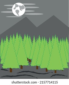 Illustration of nature. Background of mountainous terrain. Pine forest, in the distance you can see the spiers of the mountains. Night outside, full moon in the sky. vector. .eps