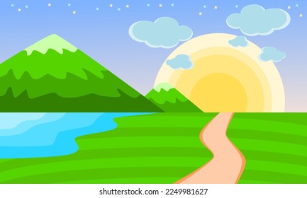 illustration of nature background, sunrise, lake, clouds and path. simple background about nature. suitable for use as a background for gadgets and various other design purposes.