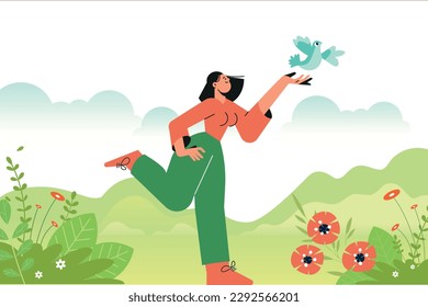 Illustration of nature, enjoyment of life, ecology. Vector concept for web banner, poster, marketing, social media, background.