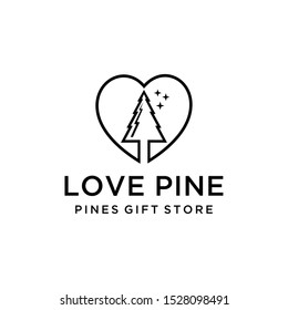 Illustration nature Evergreen, Pines, Spruce, Cedar trees logo design with love sign