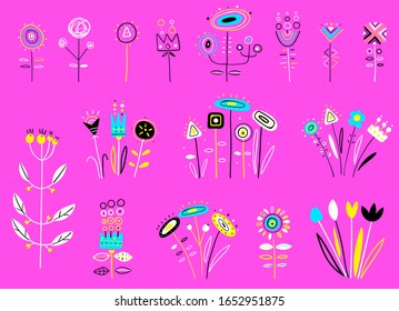 Illustration of nature flower spring and summer. Set of decorative floral design elements. Flat cartoon vector illustration. Decorative Scandinavian scribble, line and dot drawing. Blossoming tulip.