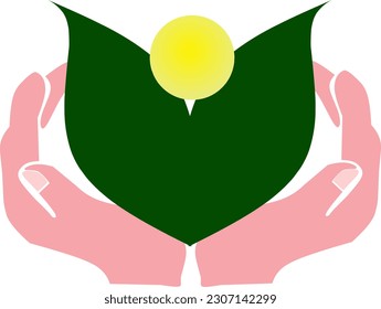 Illustration of nature with hands holding leaves and sun