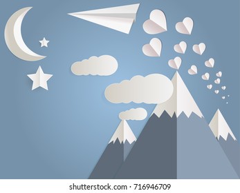 illustration of nature landscape, airplane and white paper hearts flying on sky with cloud and mountains. design by paper art.