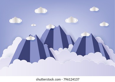 Illustration of nature landscape with cloud and mountain. Paper art style.