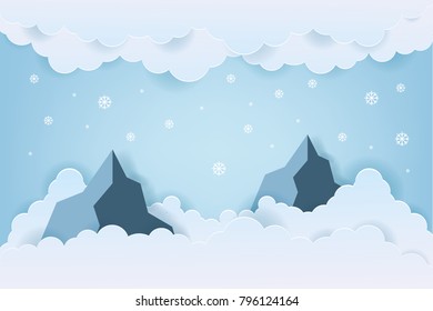 Illustration of nature landscape with cloud and mountain in winter season. Paper art style.