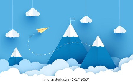 illustration of nature landscape and concept of business, plane flying on sky with cloud and mountain.design by paper art and digital craft style