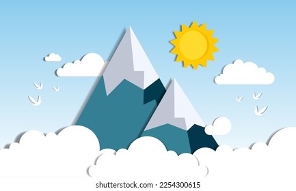 illustration of nature landscape and concept of business, sky with cloud and mountain.design by paper art and digital craft style