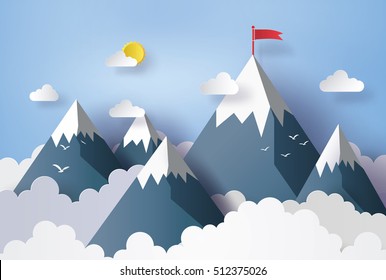 illustration of nature landscape and concept of business, cloud and mountain with red flag . Paper art and  digital craft style.
