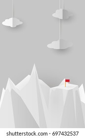 illustration of nature landscape and concept of business, cloud and mountain with red flag .design by paper art style