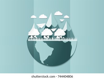 illustration of nature landscape and concept of ecology and save the world idea,with cloud and mountain. Paper art style