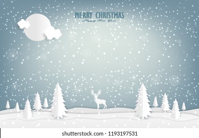 illustration of nature landscape and concept, The reindeer is in the snow-covered jungle in christmas day.design by paper art and digital craft style