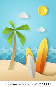 Illustration Of Nature Landscape And Concept Of Summer Time, Surf Board And Sea Or Ocean. Design By Origami Paper Art And Craft Style