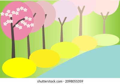 Ilustración del paisaje natural con hileras de flores de cerezo y de canola por río.