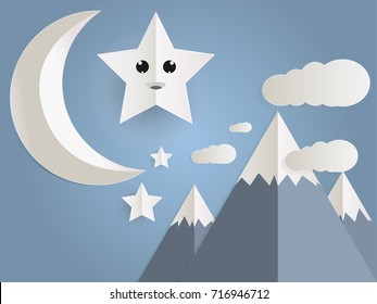 illustration of nature landscape, sky  with cloud and mountains. design by paper art.
