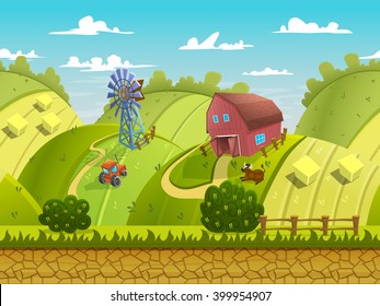 Illustration of a nature landscape ,with green hills and fields, vector unending background with separated layers for game.