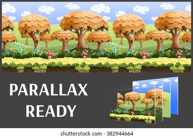 Illustration of a nature landscape ,with pixel trees and green hills, vector unending background with separated layers for game.