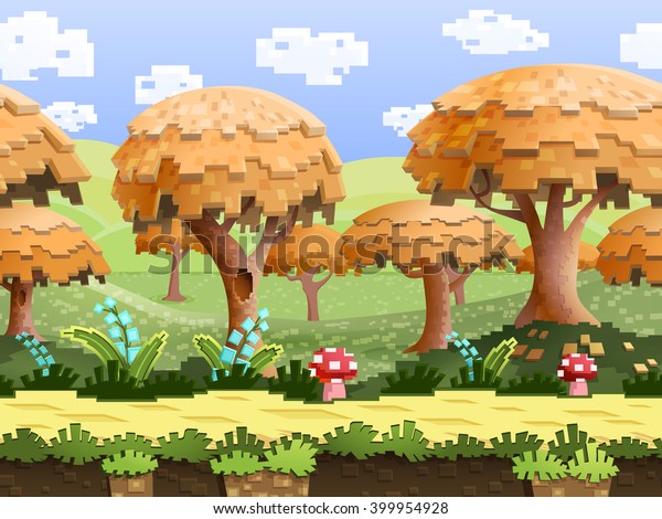 Illustration Of A Nature Landscape With Pixel Trees And Green Hills Vector Unending Background