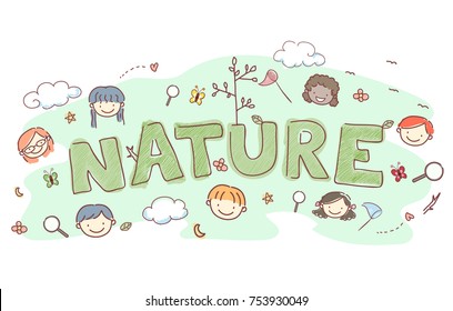 Illustration of Nature Lettering Surrounded by Kids with Magnifying Glasses, Nets and Insects
