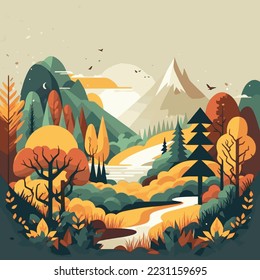 Illustration of Nature Mountain Forest Jungle Landscape Background in Flat Vector Color for Icon, Logo, Poster, Banner, Flayer