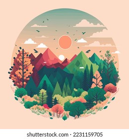 Illustration of Nature Mountain Forest Jungle Landscape Background in Flat Vector Color for Icon, Logo, Poster, Banner, Flayer