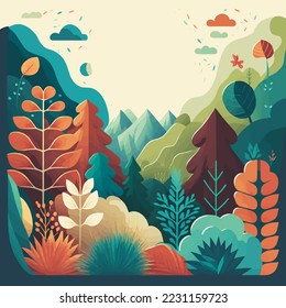Illustration of Nature Mountain Forest Jungle Landscape Background in Flat Vector Color for Icon, Logo, Poster, Banner, Flayer