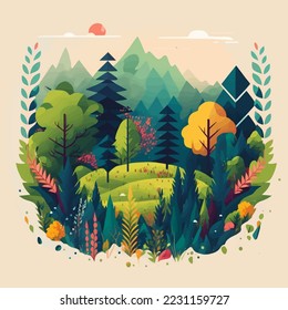 Illustration of Nature Mountain Forest Jungle Landscape Background in Flat Vector Color for Icon, Logo, Poster, Banner, Flayer