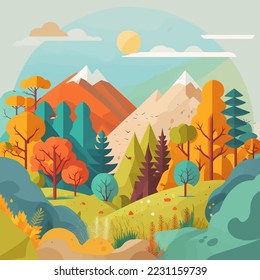 Ilustración del paisaje de la selva de montaña de la naturaleza Fondo en color vector plano para icono, logotipo, afiche, pancarta, volante