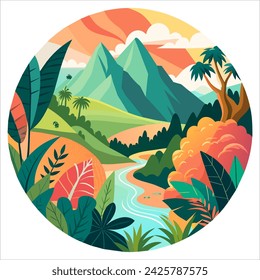 Illustration of Nature Mountain Forest Jungle Landscape Background in Flat Vector Color for Icon, Logo, Poster, Banner
