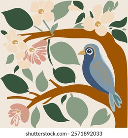 Illustration of nature natural shades harmony bird on a tree and flowers and