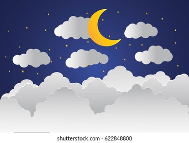 illustration of nature night landscape and concept of business, plane flying on sky with cloud.design by paper art 