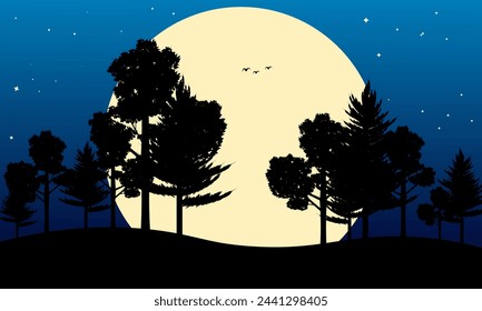 illustration of nature at night with moonlight and tree silhouettes