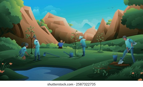 Illustration of a nature reserve with workers engaged in environmental conservation activities, such as planting trees and maintaining the landscape.