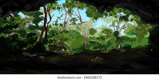 illustration of nature scenery from inside a rock cave
