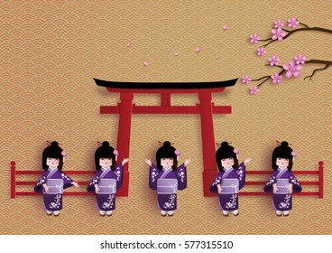 Illustration of nature with spring season, Japanese girls wearing national dress happily. Under the cherry (sakura) tree are blossoming.paper art and craft style.