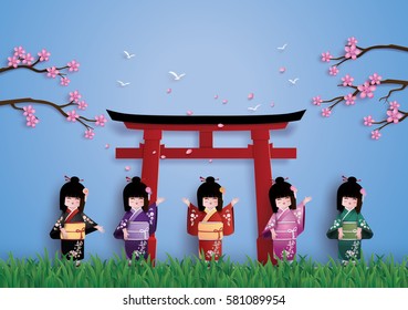 Illustration of nature with spring season, Japanese girls wearing national dress happily. Under the cherry (sakura) trees are blossoming.paper art and craft style.