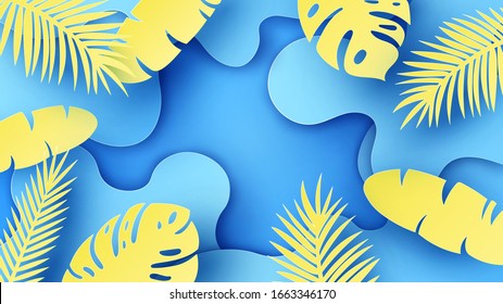 Illustration of nature in summer with pond and tropical tree on top view. Tropical tree background. paper cut and craft style. vector, illustration.