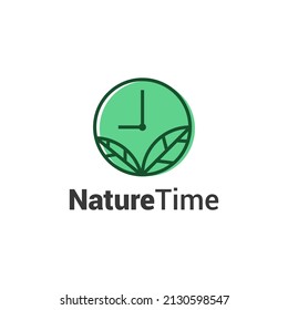Icono del logotipo del reloj ecológico de la hoja de tiempo natural