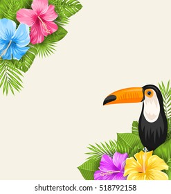 Illustration Nature Tropical Background with Toucan, Hibiscus Flowers and Palm Leaves. Exotic Banner - Vector