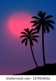 illustration of nature with two palm tree and the red moon
