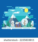 illustration of nature winter landscape with small house in flat design