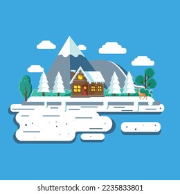 illustration of nature winter landscape with small house in flat design