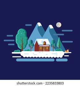 illustration of nature winter landscape with small house in flat design