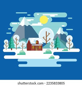 illustration of nature winter landscape with small house in flat design