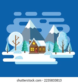 illustration of nature winter landscape with small house in flat design